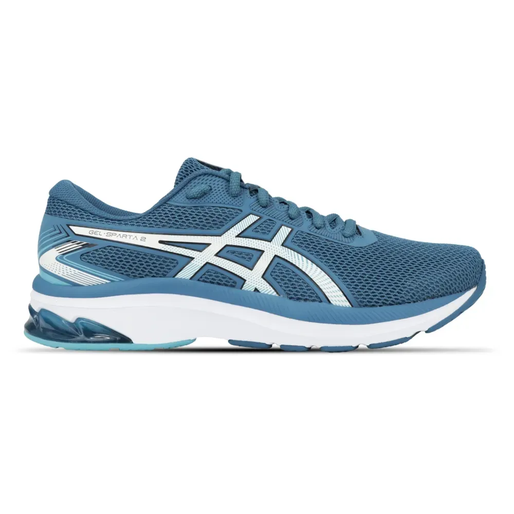 Tênis Asics GEL-SPARTA 2 masculino azul com detalhes em branco e preto, frontal, malha respirável e solado de borracha.